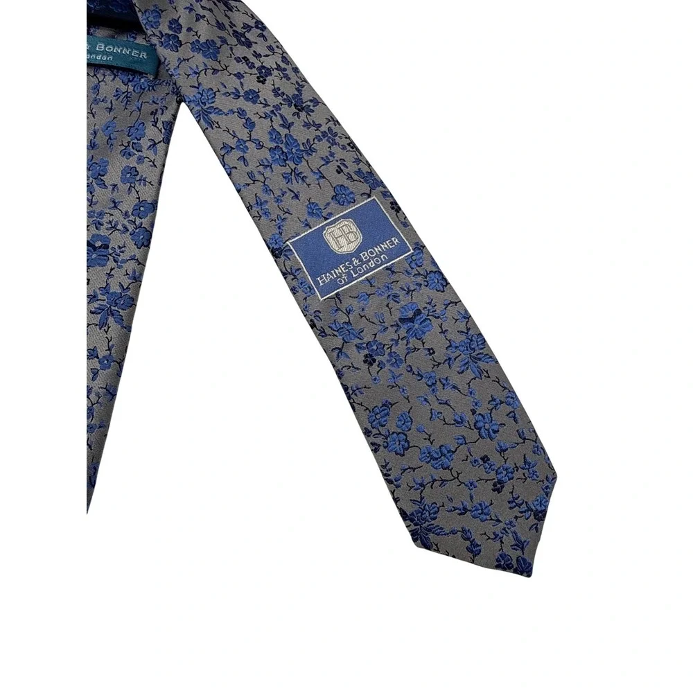 Haines & Bonner Necktie Mens One Size Blue Grey Excellent Floral Silk Blend Tie